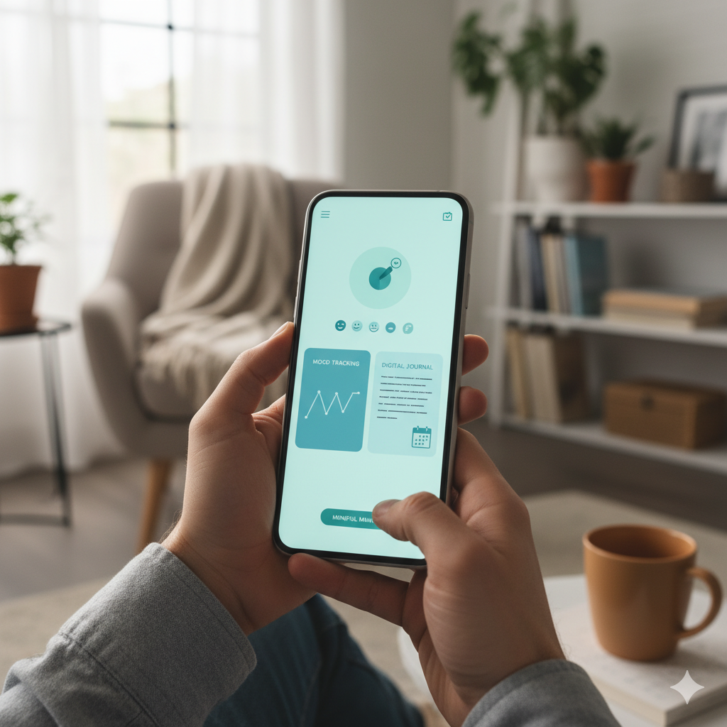 Ilustrasi penggunaan aplikasi self-therapy dan mood tracking dengan tampilan grafik emosi, jurnal digital, dan nuansa mindful lifestyle yang relevan.