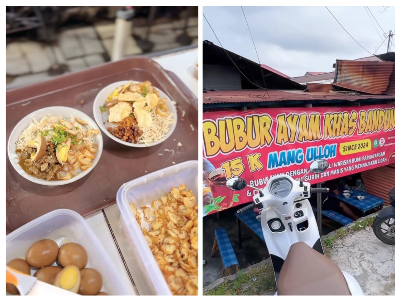 Semangkuk bubur ayam abon dengan chili oil khas Balikpapan, porsi melimpah penuh topping yang menggoda selera sarapan.