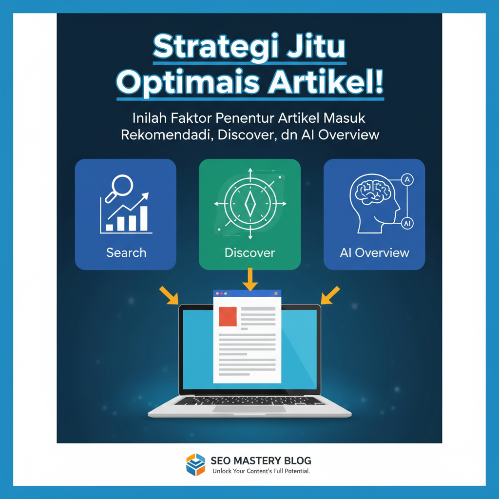 Ilustrasi konten berkualitas dengan keyword SEO dan artikel yang relevan agar mudah dipilih Google AI untuk rekomendasi di Search dan Discover.
