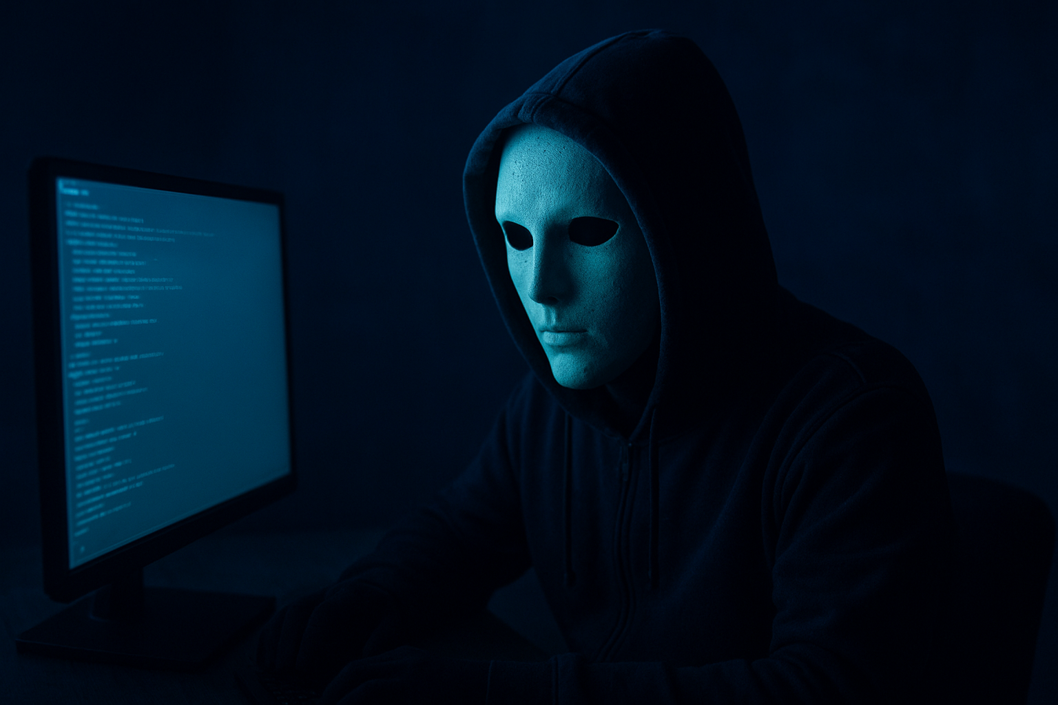 Ilustrasi sosok misterius bertopeng di depan layar komputer dengan nuansa gelap biru, menggambarkan hacker Bjorka dan misteri dunia siber Indonesia.