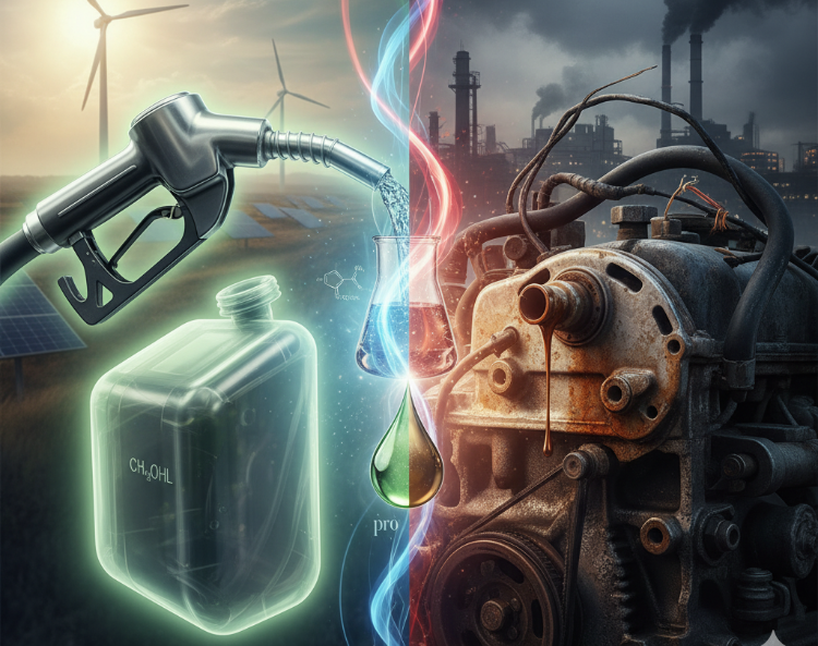 Etanol 3,5% Base Fuel&rdquo; &mdash; menggambarkan transisi menuju energi hijau dan isu teknis yang menyertainya.