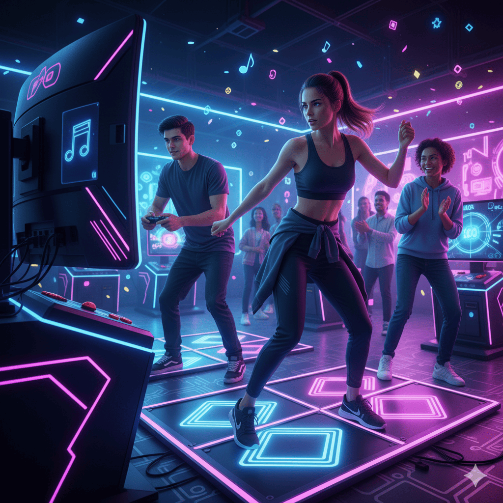 Seorang pemain tengah menari di depan mesin Rhythm Game Arcade dengan lampu warna-warni, menggambarkan hobi gaming aktif yang energik dan penuh semangat.