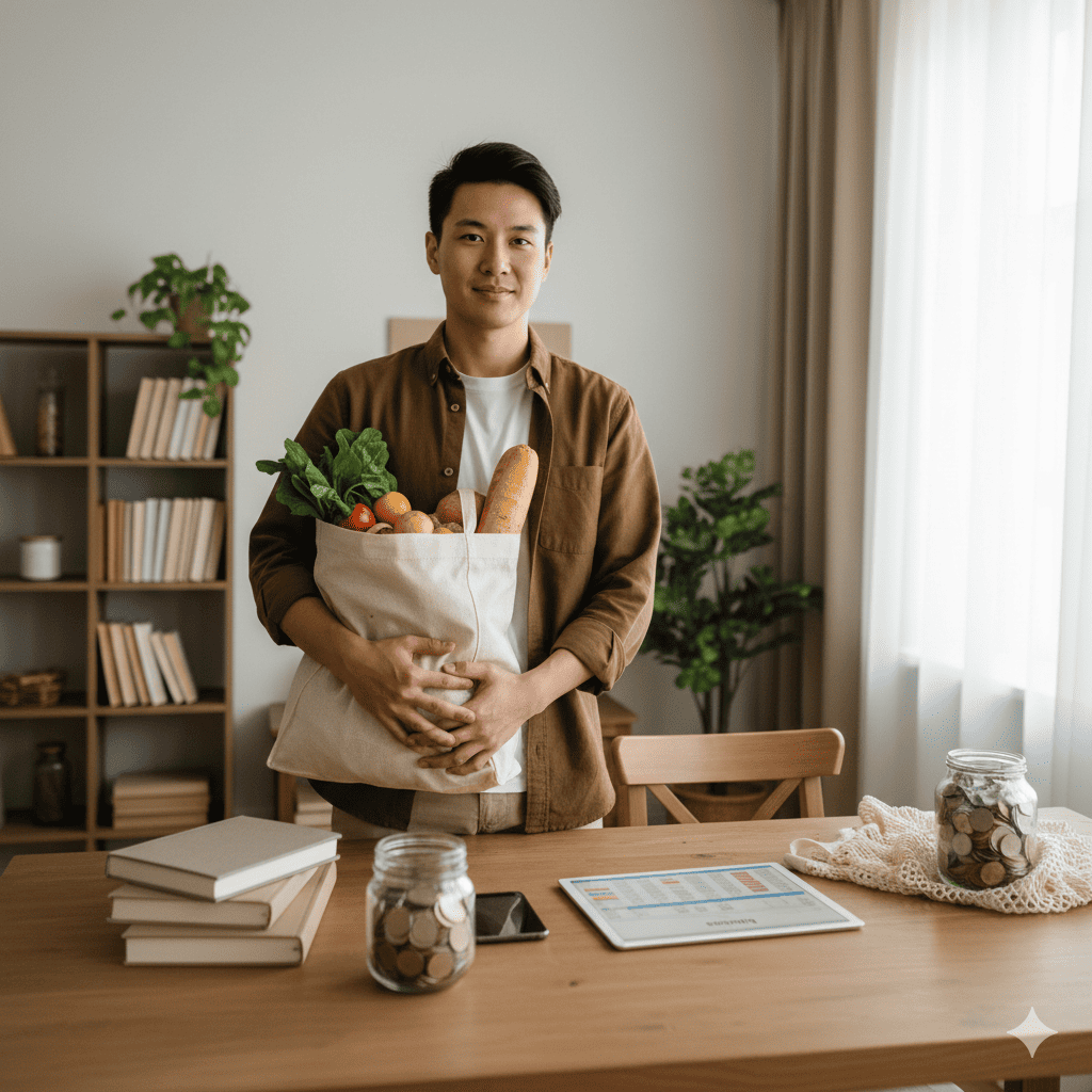 Seorang anak muda urban sedang menghitung pengeluaran sambil minum kopi di rumah, menggambarkan gaya hidup anti-inflasi dan filosofi value-for-money.