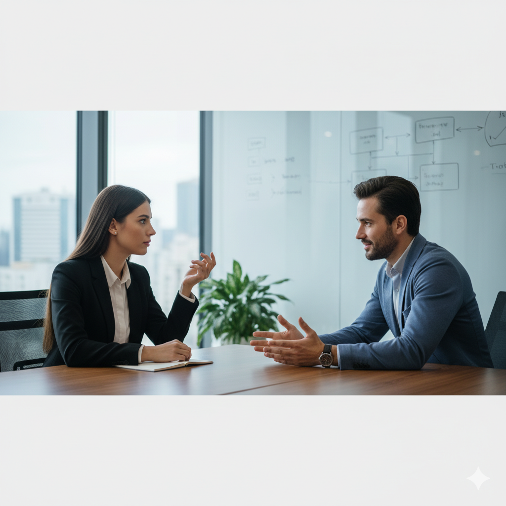 Seorang profesional muda sedang berbicara dengan percaya diri dalam rapat tim, menggambarkan penggunaan komunikasi emosional dan skill negosiasi kerja yang efektif.