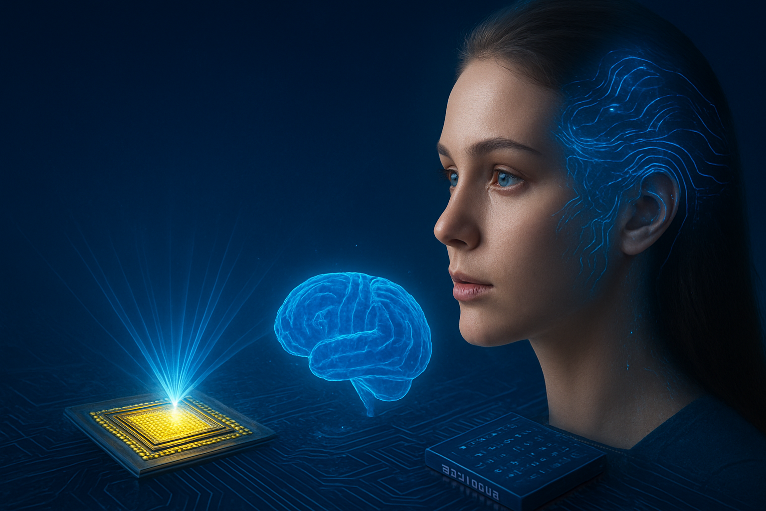 Ilustrasi teknologi AI terbaru seperti photonic chip dan neuromorphic hardware dengan visual futuristik teknologi masa depan.