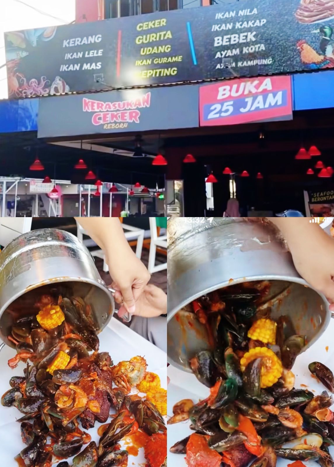Sepanci penuh udang, kerang, cumi, dan bebek goreng utuh tersaji di atas meja pelapis bersih di Kerasukan Ceker Pasar Segar Balikpapan &mdash; sensasi Seafood Berontak yang viral di Balikpapan.