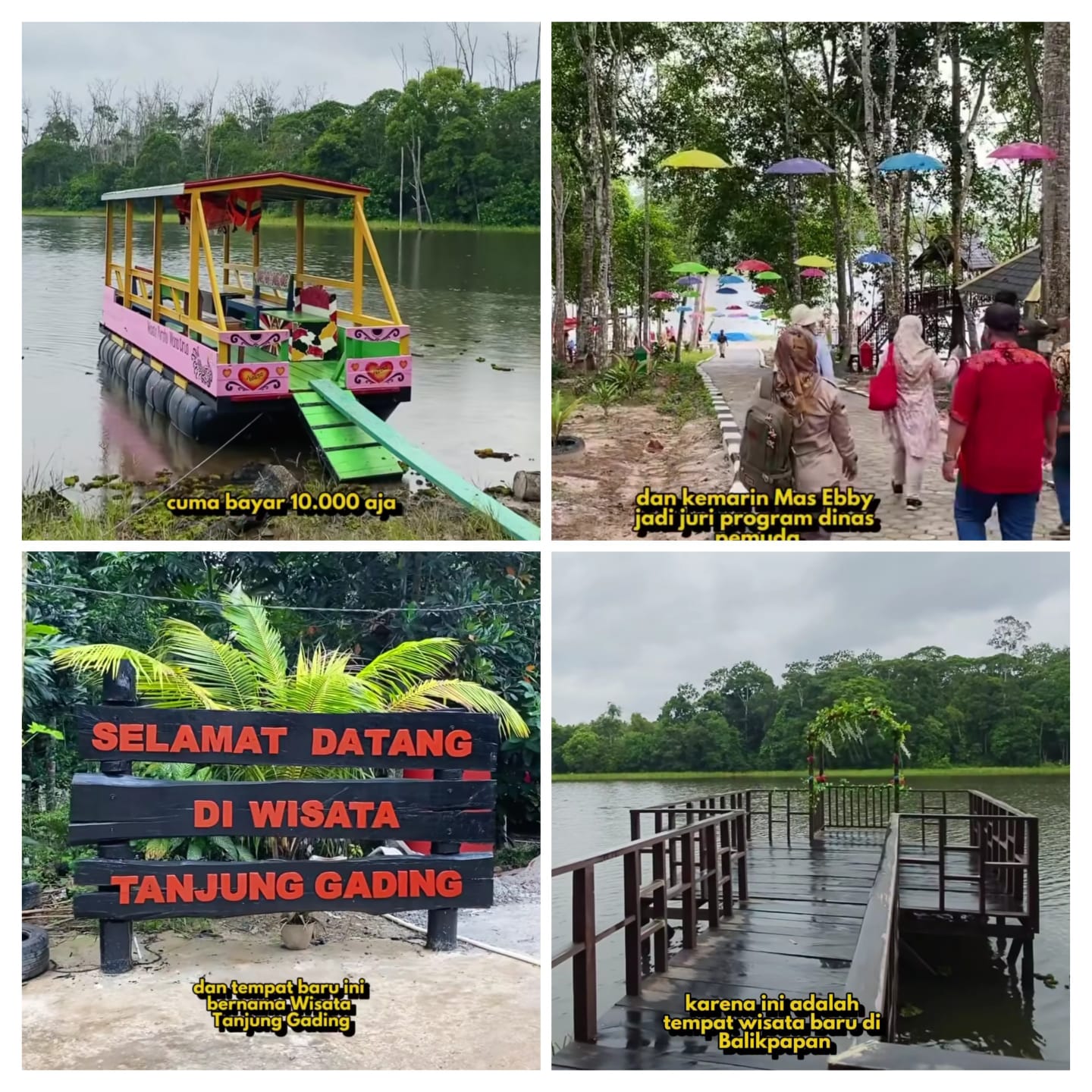 Pemandangan Wisata Tanjung Gading Balikpapan menampilkan jembatan estetik di atas waduk dengan kapal wisata berlayar, suasana tenang dan indah.