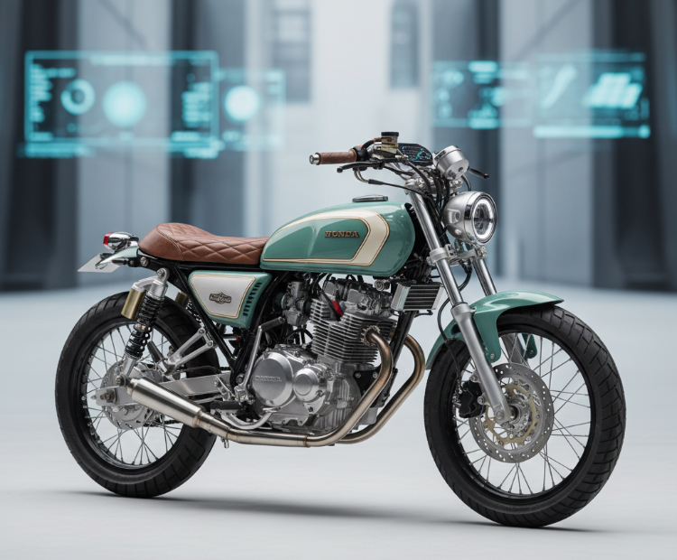 CB Gelatik bergaya modern-retro dengan velg jari-jari chrome, lampu bulat klasik, dan finishing cat powder coat mengilap&mdash;ikon motor vintage yang tetap kekinian.