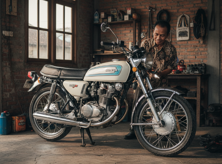 Foto motor orisinal klasik dengan emblem Honda lama, menonjolkan detail cat dan mesin autentik.