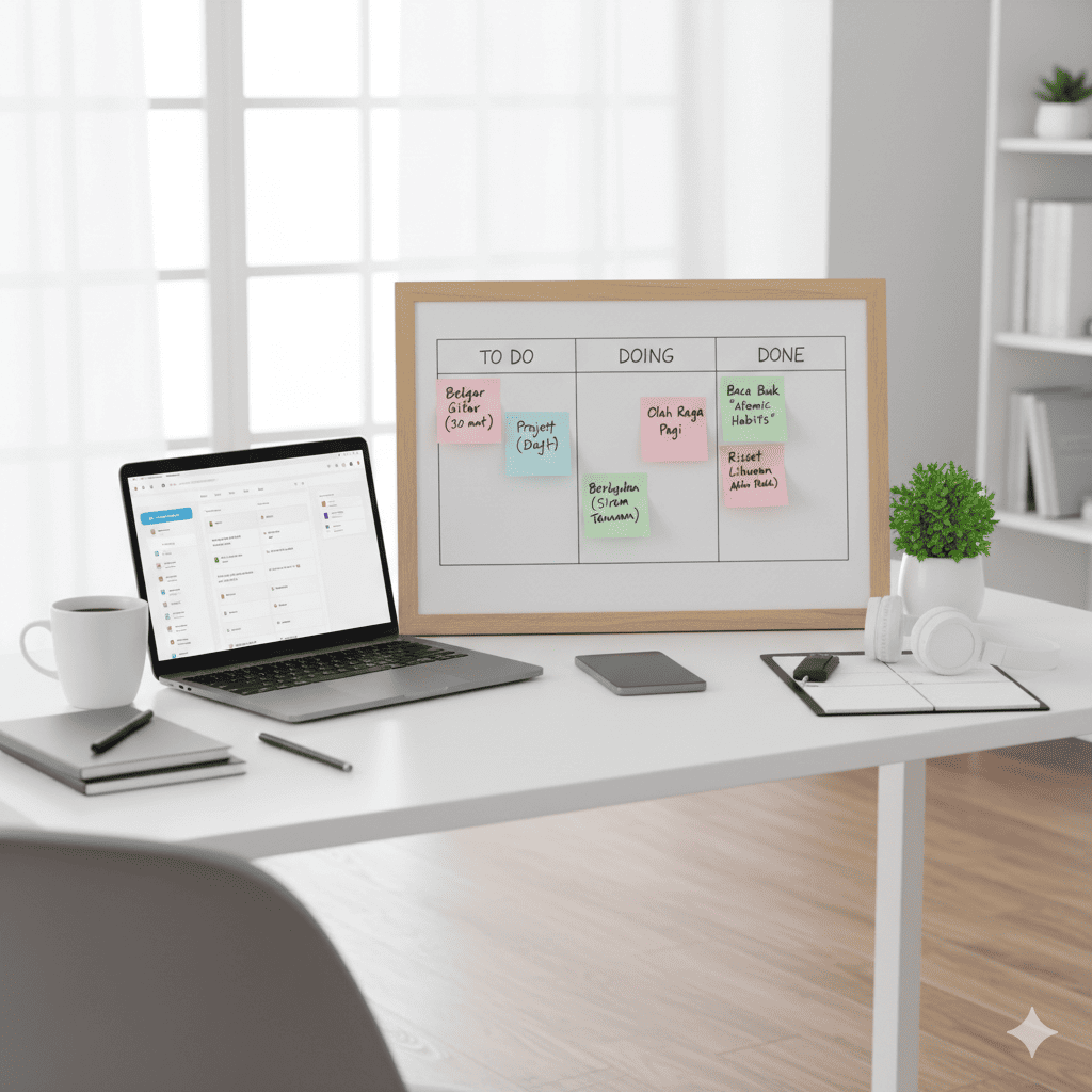 Visualisasi Kanban Board digital di Trello yang menampilkan kolom To Do, Doing, dan Done, simbol manajemen hidup produktif dan fokus.