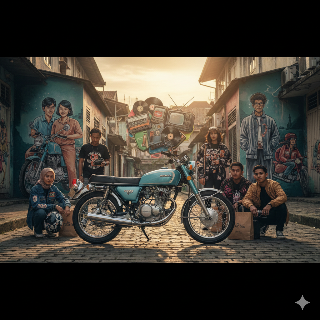 Tampilan close-up motor Honda CB Gelatik bergaya retro dengan striping merah marun khas Dilan, jadi inspirasi fashion streetwear Indonesia.