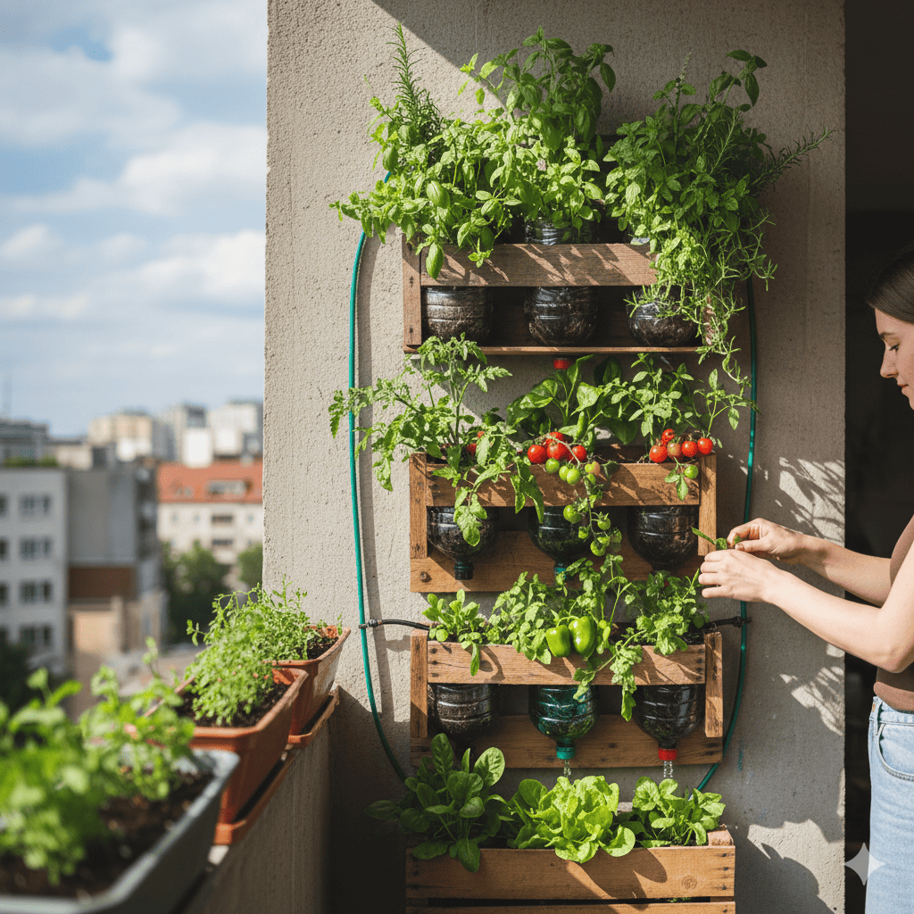 Potret kebun vertikal di balkon kecil penuh sayuran dan herbal segar&mdash;gambaran nyata micro-gardening urban yang aesthetic dan fungsional.