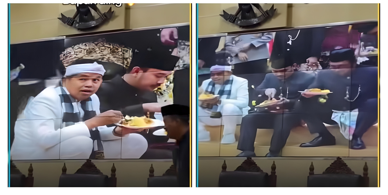 KDM menikmati hidangan lesehan di anak tangga dengan suasana hangat dan penuh tawa, simbol kebersamaan yang sederhana namun bermakna.