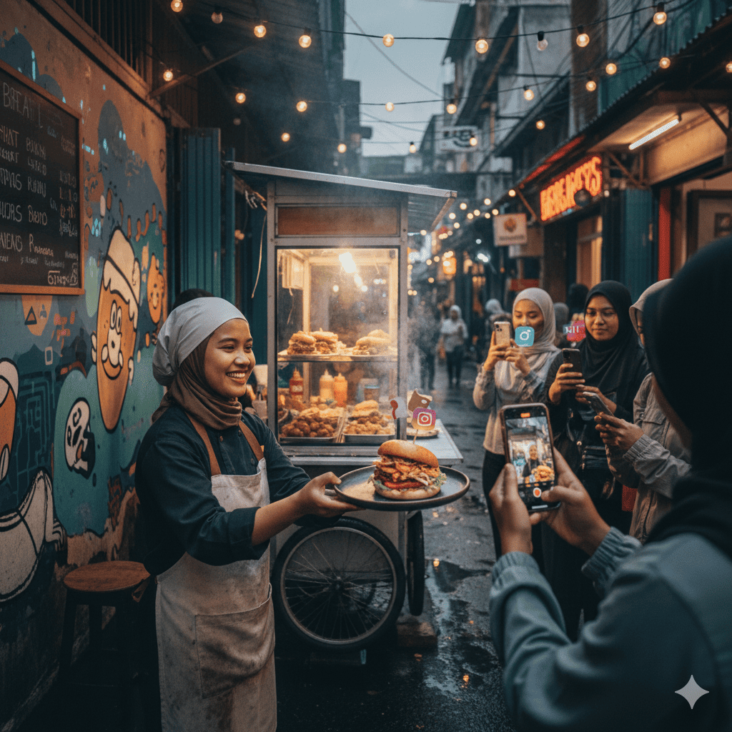 Seorang pelaku UMKM kuliner sedang menata makanan viral di dapur modern dengan kemasan estetik, menggambarkan semangat membangun bisnis kuliner digital.