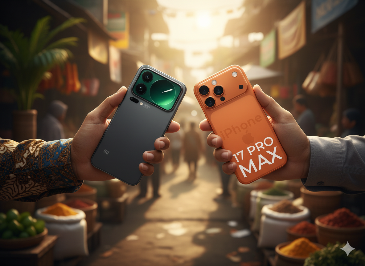 ampilan close-up Xiaomi 17 Pro Max berdampingan dengan iPhone 17 Pro Max, menonjolkan desain serupa dan layar belakang mini futuristik.