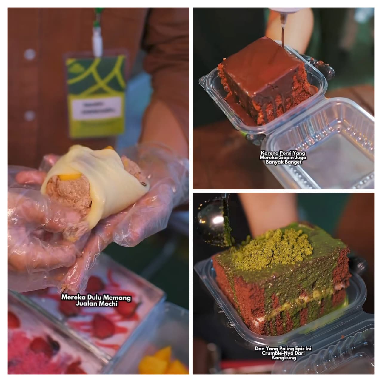Mochi raksasa Nucia di Muslim Vibes Balikpapan dengan topping crumble kangkung dan lelehan coklat pekat, tampil menggiurkan dan jadi daya tarik utama pengunjung.