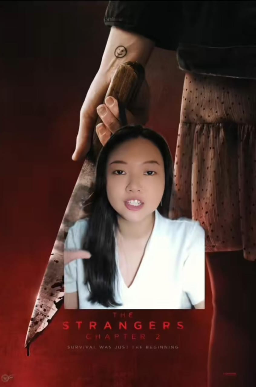 Poster The Strangers Chapter 2 menampilkan wajah bertopeng misterius dengan nuansa gelap dan darah, menggambarkan atmosfer film yang penuh teror tanpa sensor.