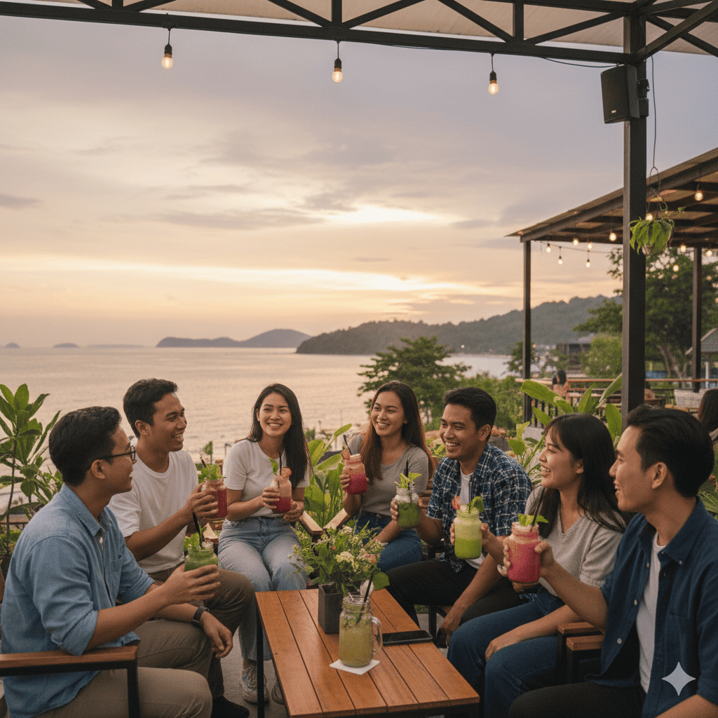 Komunitas anak muda Balikpapan nongkrong sehat tanpa alkohol dan rokok sambil menikmati kopi herbal dan mocktail di kafe lokal &mdash; gaya hidup mindful yang lagi tren.