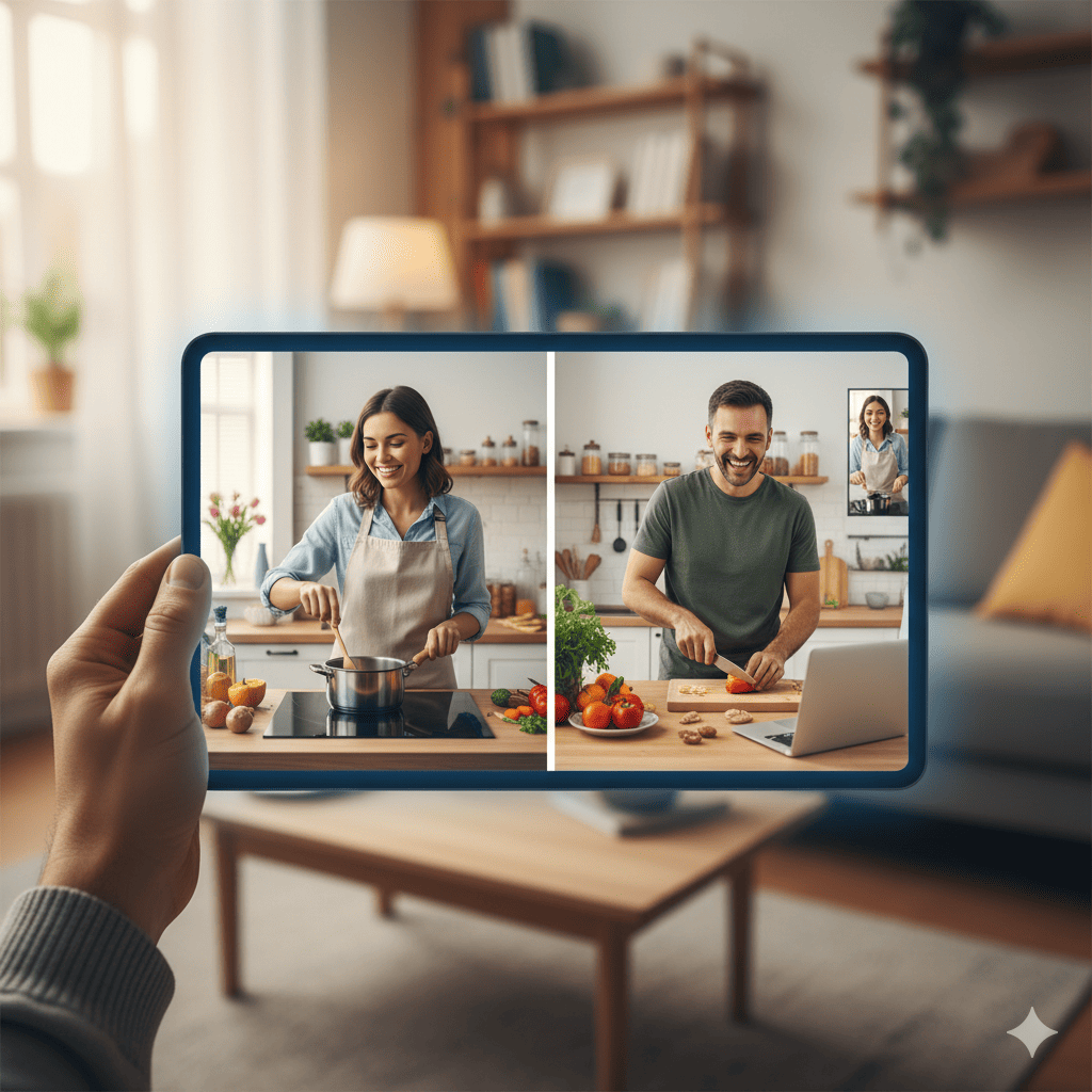 Potret kegiatan masak bareng virtual via Zoom dengan peserta dari berbagai kota yang antusias berbagi resep dan semangat kuliner digital.