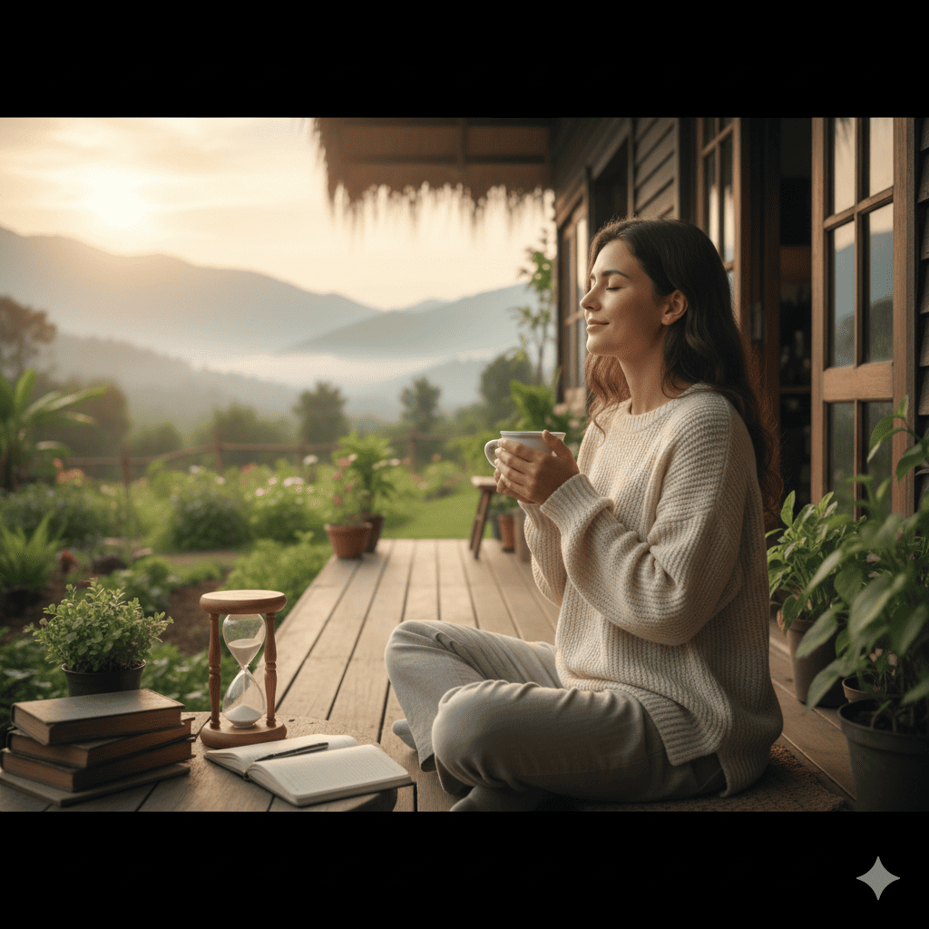 Seorang wanita muda menikmati pagi dengan secangkir kopi di balkon hijau, simbol gaya hidup slow living urban yang menenangkan &mdash; tren &ldquo;slow mode&rdquo; di tengah budaya serba cepat.