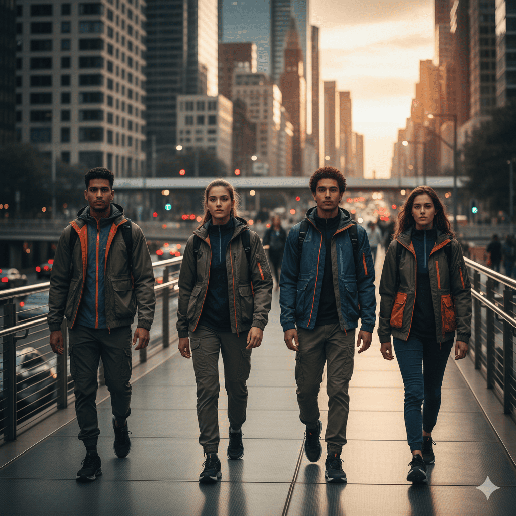 Potret gaya urban mengenakan jaket water-repellent dan celana fleksibel, menggambarkan tren mode fungsional yang adaptif dan stylish.