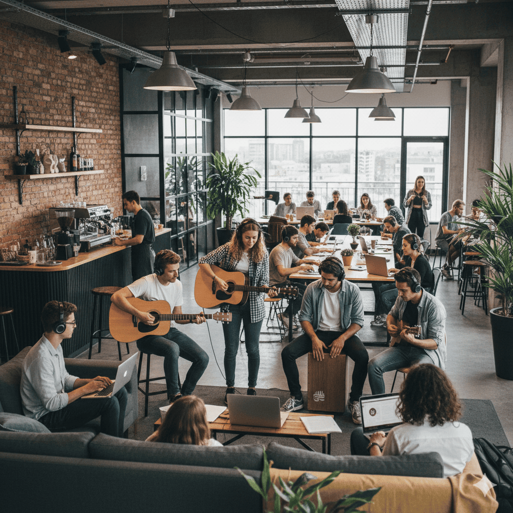 Suasana co-working space penuh aktivitas kreatif &mdash; pekerja muda mengetik sambil bermain gitar dan minum kopi, menggambarkan tren ruang kerja fleksibel dan ekspresif masa kini.
