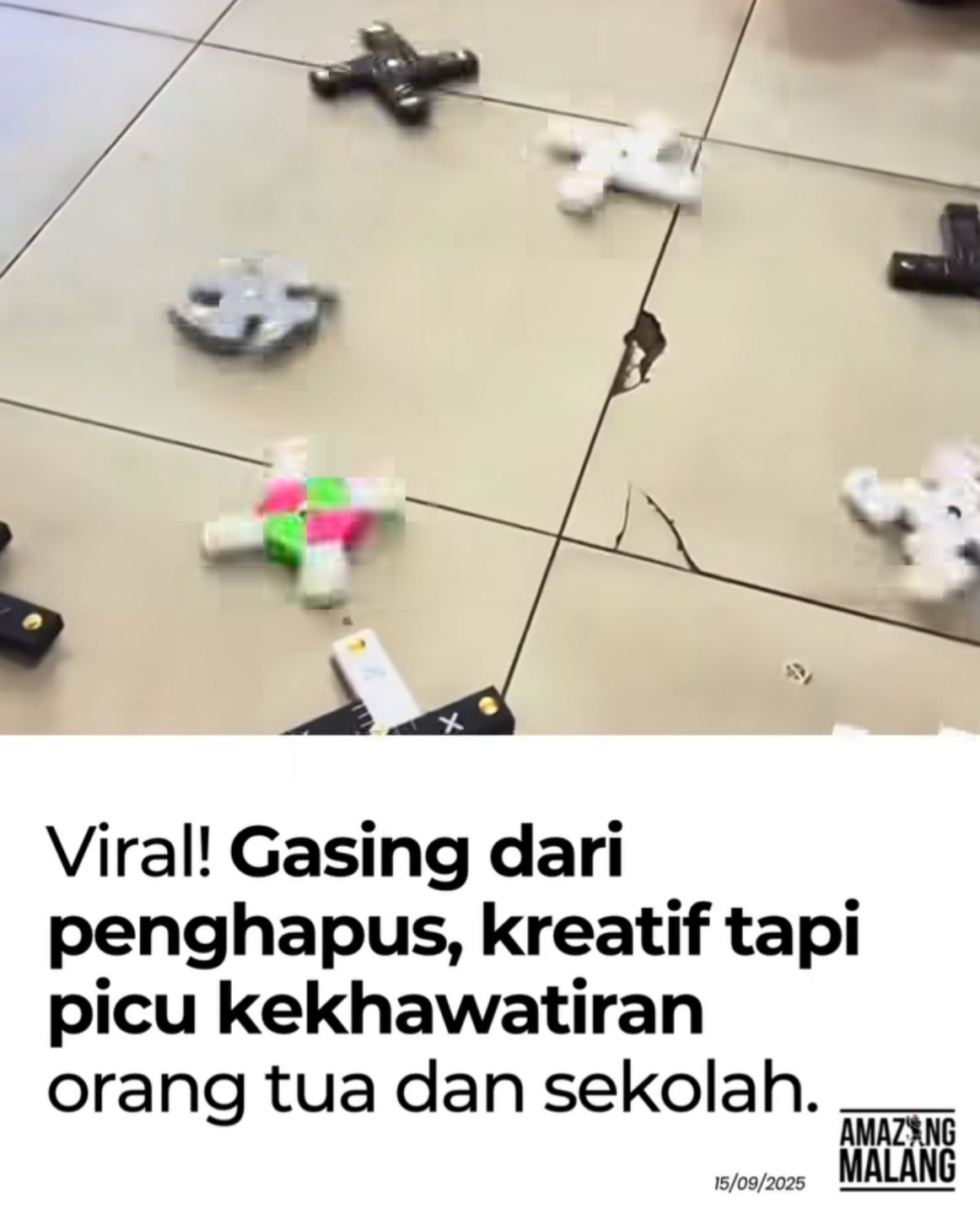 Anak sekolah bermain gasing penghapus, tren kreatif yang menarik perhatian namun tetap memperhatikan keselamatan.