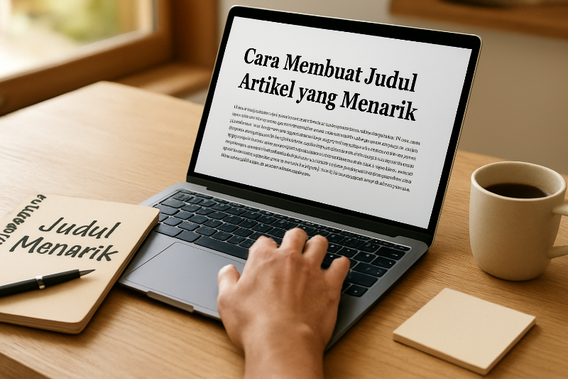 Seorang penulis di depan laptop dengan catatan ide dan secangkir kopi,  proses kreatif menciptakan judul yang memikat dan penuh strategi.