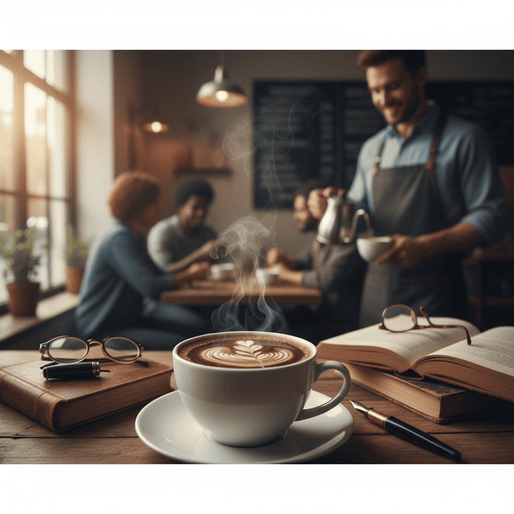 Barista muda sedang menyeduh kopi sambil bercerita tentang asal biji &mdash; visual storytelling rasa dan budaya.