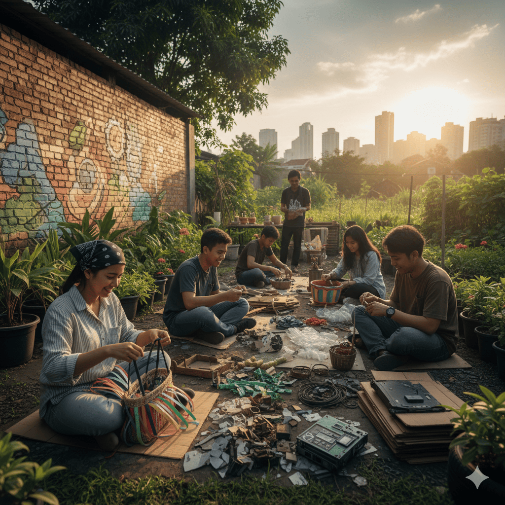 Seniman muda tengah menyusun instalasi seni dari limbah plastik berwarna-warni — creative recycling yang memikat visual dan menyuarakan harapan hijau.