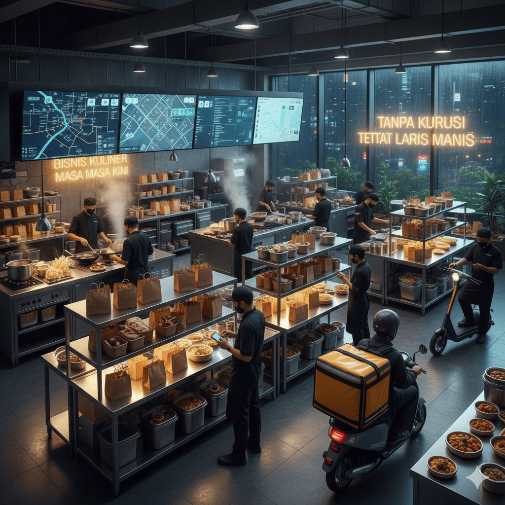 Chef muda sedang menyiapkan pesanan di dapur cloud kitchen — visualisasi dunia kuliner digital yang tanpa kedai.