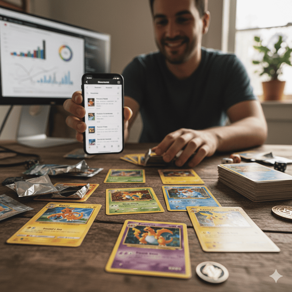 SSeorang kolektor muda tengah menata kartu Pok&eacute;mon dan action figure di meja, menyoroti tren trading koleksi bekas yang kini digandrungi anak muda.