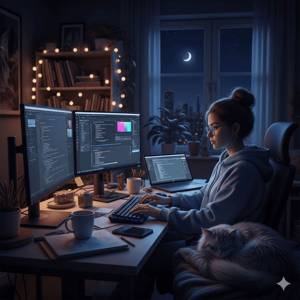 Seorang freelancer menatap layar laptop di kamar remang dengan secangkir kopi dan headphone &mdash; kreativitas tengah malam yang hidup di balik keheningan.