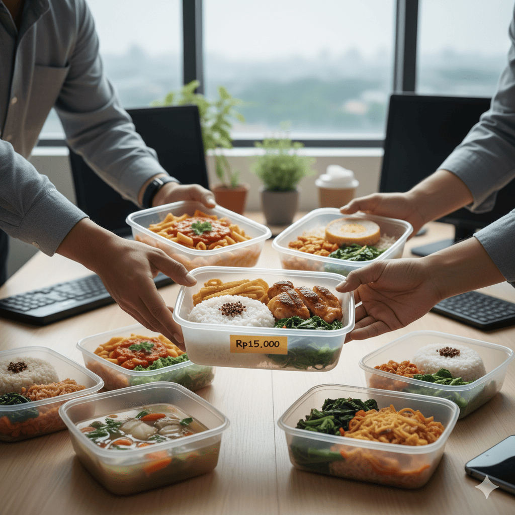 Seorang pekerja kantoran menikmati nasi bungkus sederhana di taman kantor &mdash; simbol gerakan Menu 15 Ribu, hemat tapi tetap bahagia.