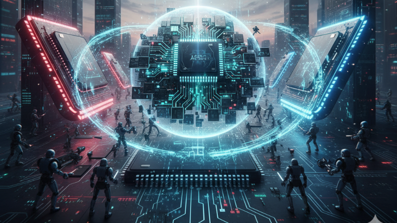 Ilustrasi &ldquo;perang chip AI global&rdquo; antara AMD, Nvidia, dan OpenAI dengan latar futuristik yang menunjukkan kecepatan inovasi teknologi dunia.