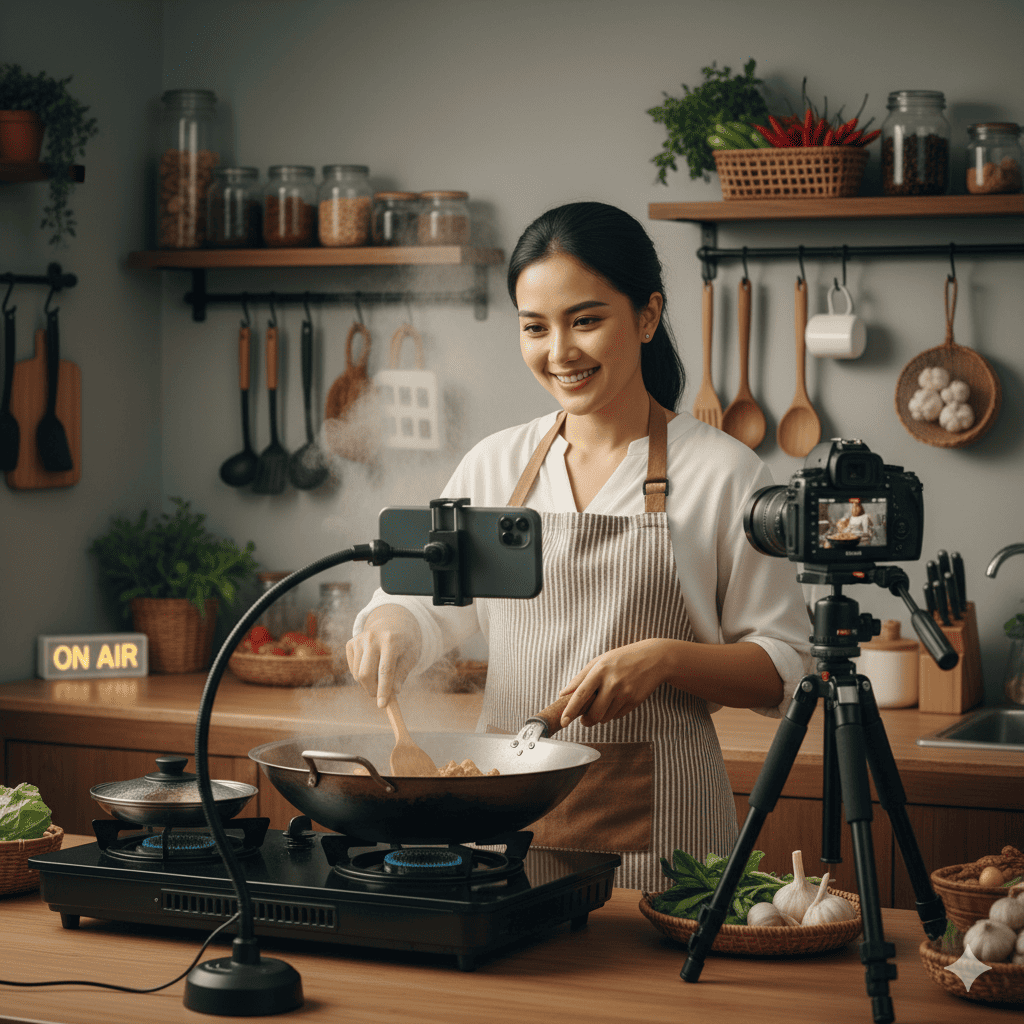 Seorang ibu rumah tangga tersenyum di depan kamera sambil memasak, menggambarkan tren kuliner rumahan live-stream yang autentik dan interaktif.