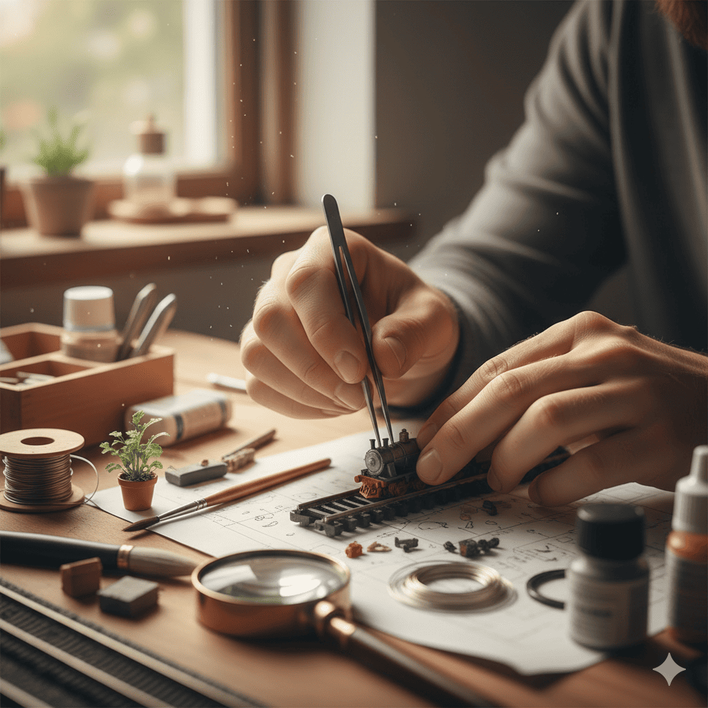 Seorang perempuan muda sedang merakit miniatur di meja kayu, fokus dan tersenyum &mdash; visualisasi hobi mikro yang menenangkan.