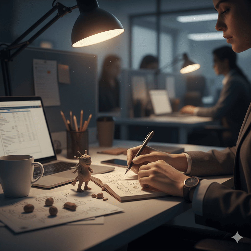 Seorang pekerja kantoran mengetik di depan laptop sambil menggambar digital di tablet &mdash; visualisasi &ldquo;stealth creativity&rdquo; yang jadi ruang bebas di antara kesibukan.