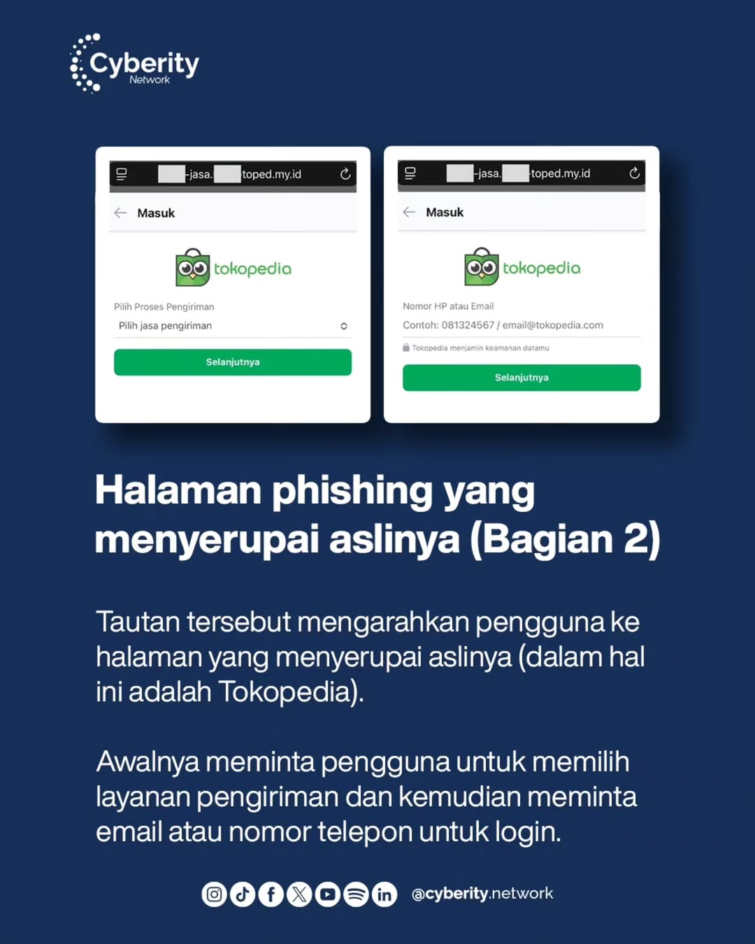 Tampilan situs palsu Tokopedia yang meniru interface asli untuk menjebak pengguna.