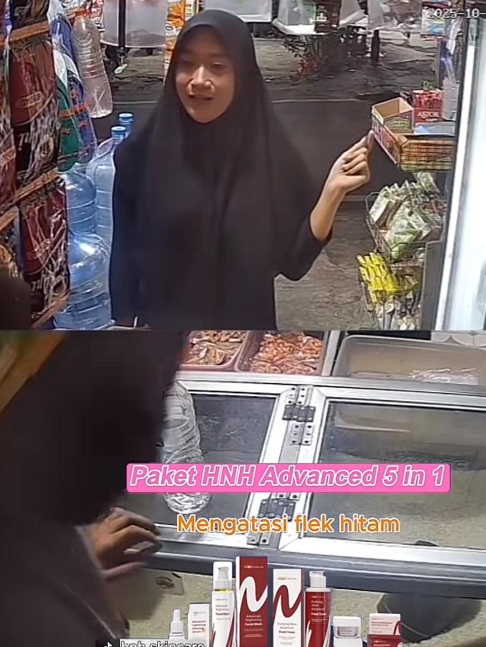 Tangkapan layar video viral wanita pura-pura jadi anak tetangga ambil tabung gas &mdash; wajah tenang, tapi niat menipu.