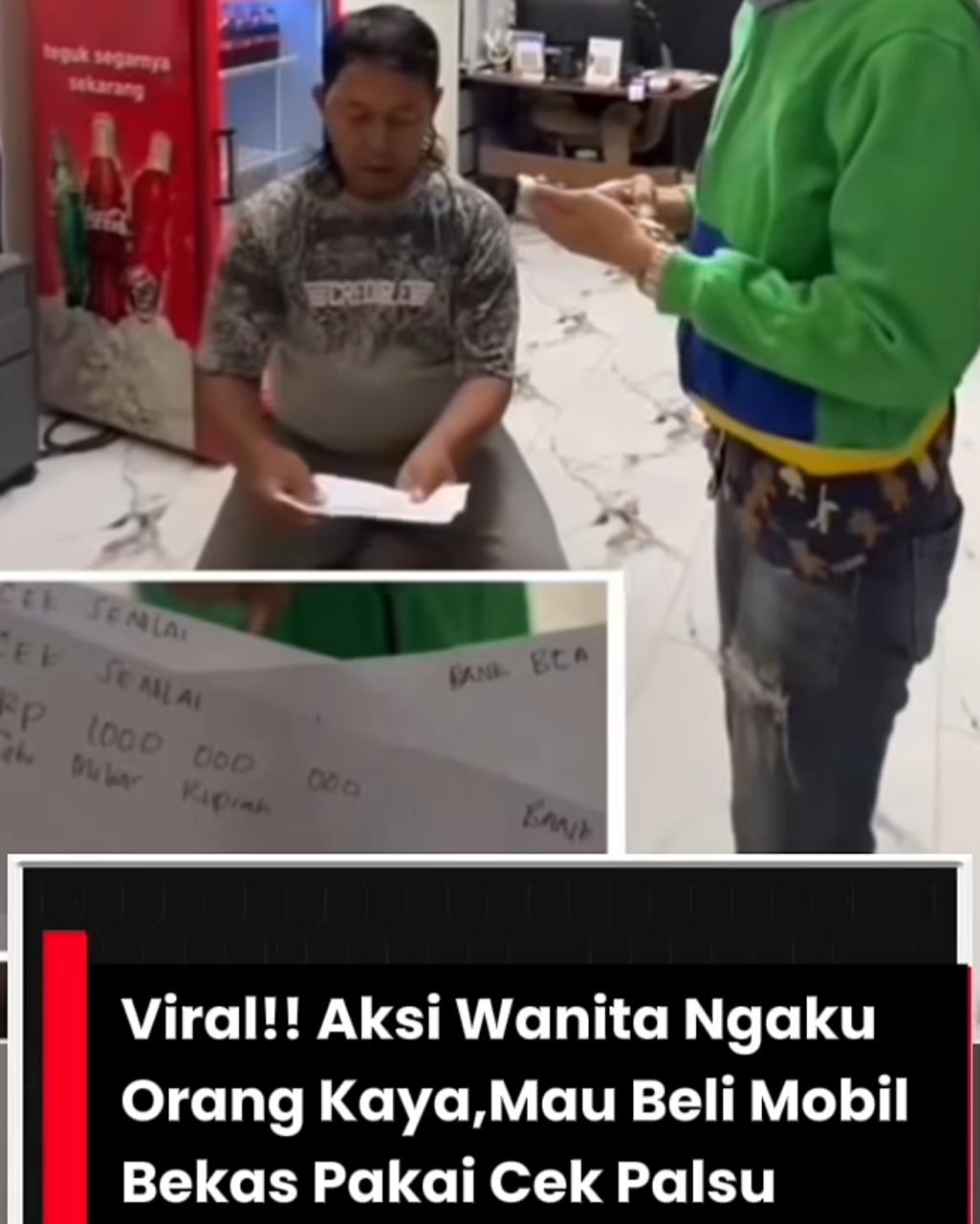 Seorang wanita  dengan ekspresi gugup, petugas memegang selembar cek tulisan tangan &ndash; visual dramatis dari kasus cek palsu Cirebon.