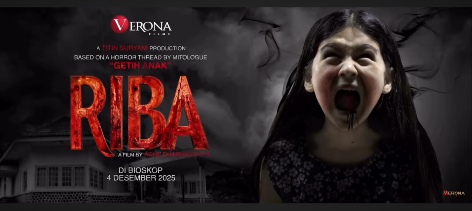 Poster film RIBA menampilkan siluet keluarga di tengah kegelapan dengan nuansa darah dan simbol utang&mdash;visual kuat yang menggambarkan dosa dan karma duniawi.