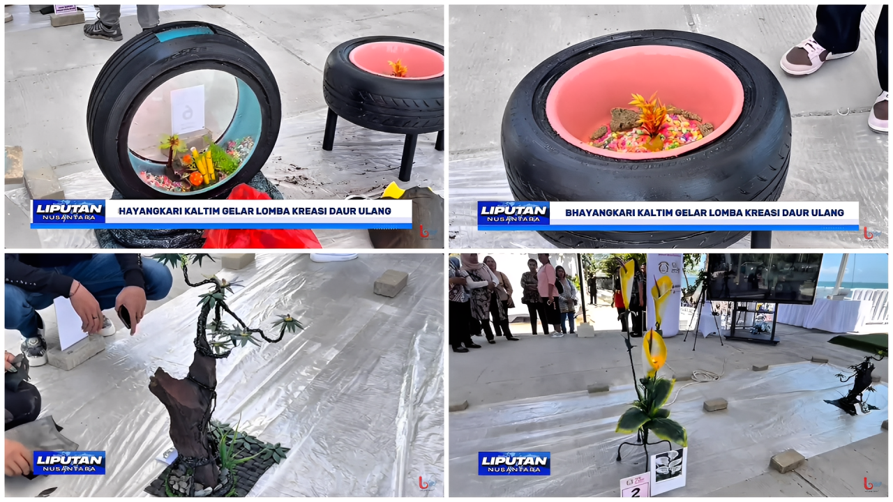 Beragam hasil karya bernilai guna dari barang bekas karya peserta lomba kreasi daur ulang dipamerkan di Ruang Terbuka Hijau SPN Stalkuda Balikpapan, Sabtu (18 Oktober 2025).