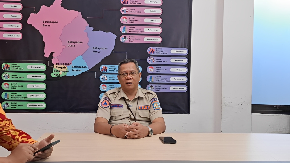 Sholahuddin Malik, Kepala Seksi Kesiapsiagaan BPBD Balikpapan, menjelaskan program Kelurahan Tangguh Bencana di Kantor BPBD, Selasa (28 Oktober 2025).