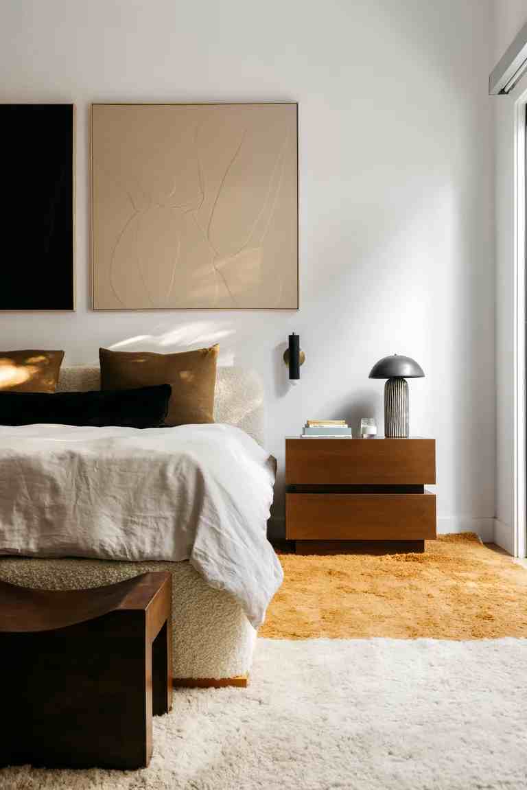 Inspirasi kamar tidur hangat dengan tekstur linen mewah, pencahayaan lembut, dan tanaman hijau segar.