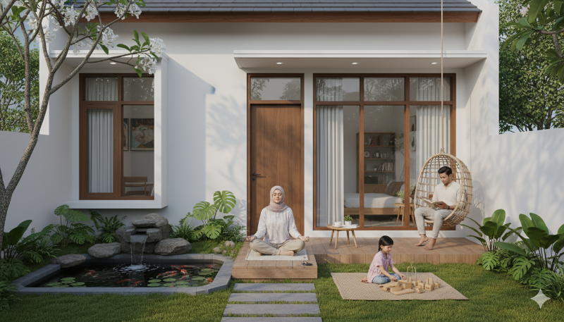 Ilustrasi rumah minimalis modern &mdash; ruang kecil yang menenangkan dengan cahaya alami dan dekor sederhana, menggambarkan filosofi mindful living.