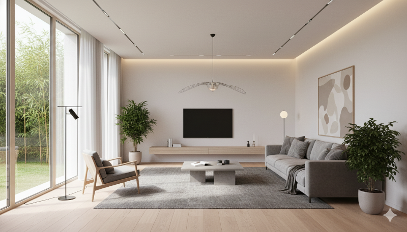 Rumah pintar modern  dengan pencahayaan otomatis &mdash; contoh nyata konsep calm tech yang menenangkan.