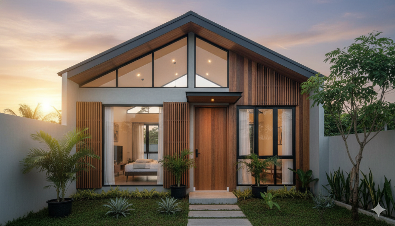 Desain rumah minimalis efisien energi dengan ventilasi silang dan pencahayaan alami &mdash; simbol rumah modern hemat waktu dan biaya.