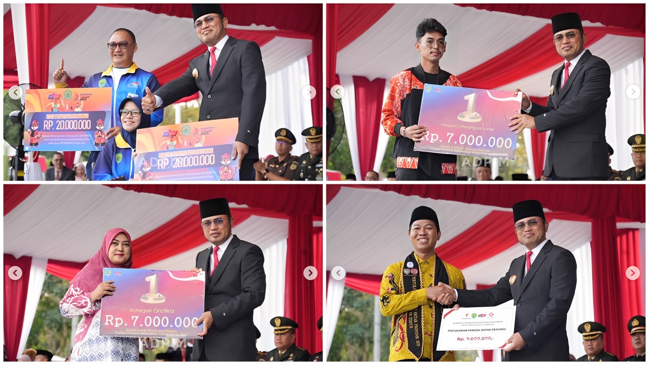 Gubernur Kaltim Rudy Masud memberikan penghargaan kepada pemuda kreatif dan inovatif pada peringatan Hari Sumpah Pemuda di Samarinda, Selasa (28 Oktober 2025).