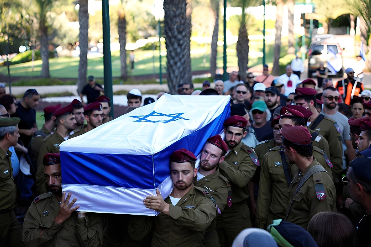 Ilustrasi prajurit IDF Israel membawa peti jenazah dalam prosesi militer.